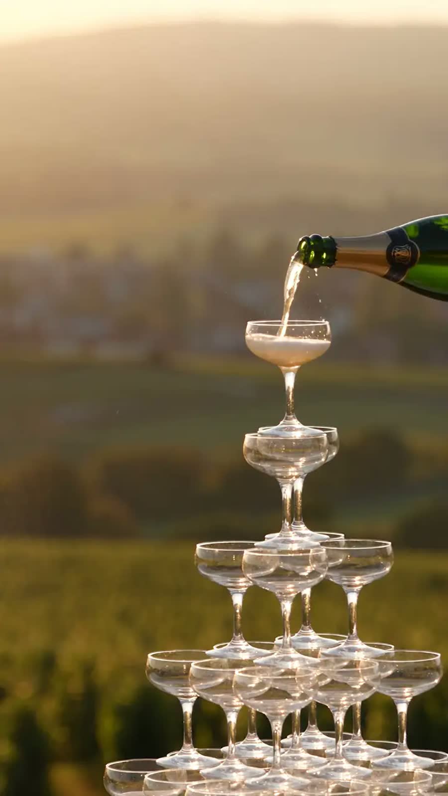 Sekt wird in einen Gläserturm gegossen, dahinter die Weingärten im Abendlicht